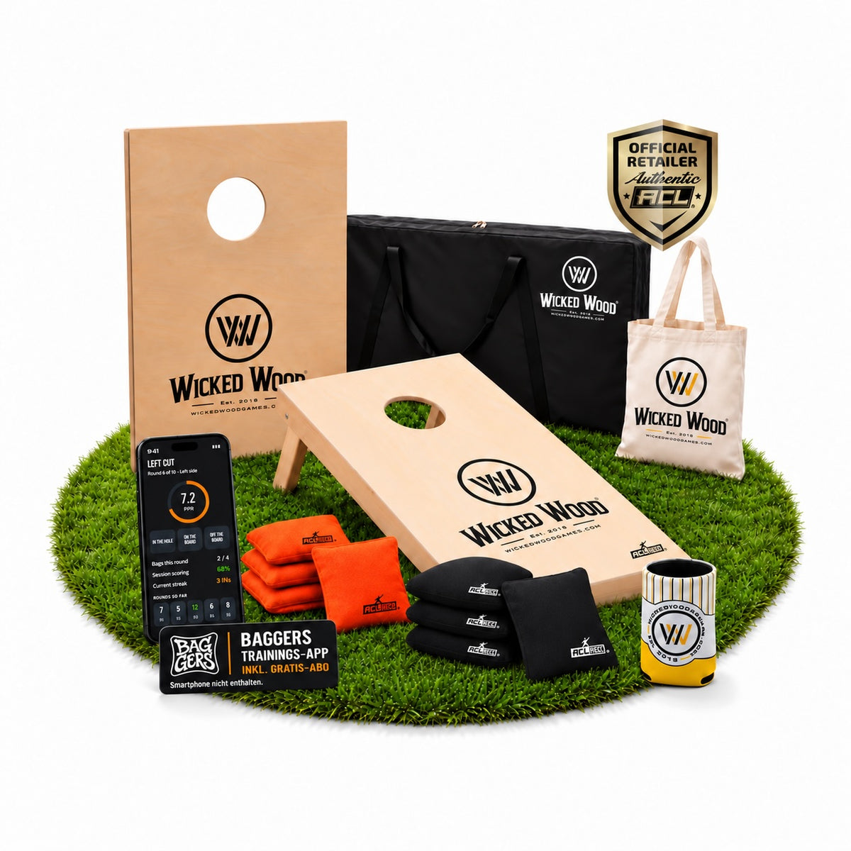 Cornhole Starter Bundle 90x60 – Lacquered Boards, Carry Bag, Tote Bag & Koozie – Wicked Wood Games