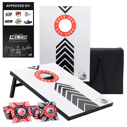 Set de cornhole complet 90x60 - Red Zone - 2x4 sacs de cornhole - Incl. sac de transport. Sets loisirs Wicked Wood Games