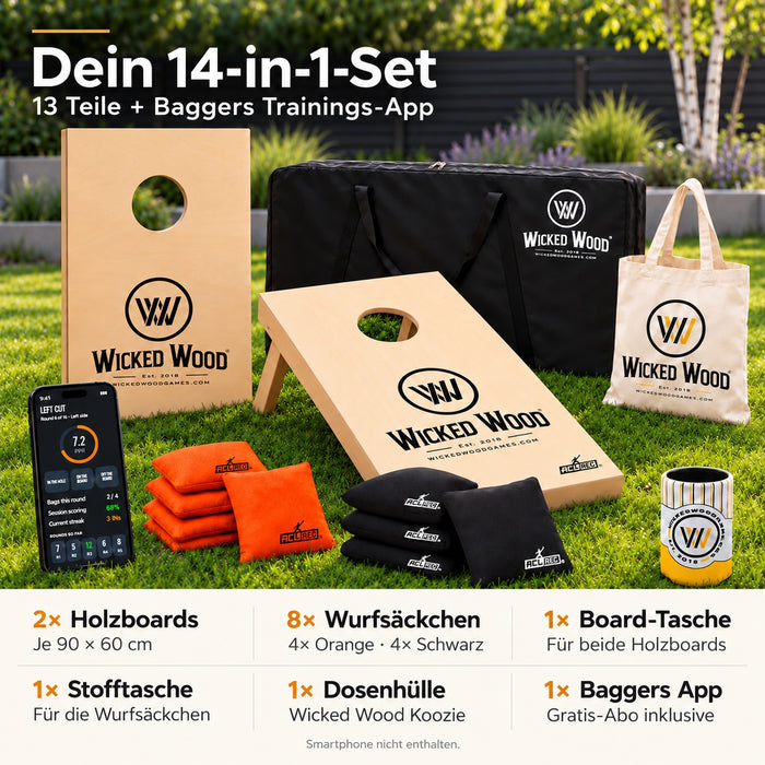 Cornhole Starter Bundle 90x60 – Planches, sac de transport, tote bag & koozie – Wicked Wood Games